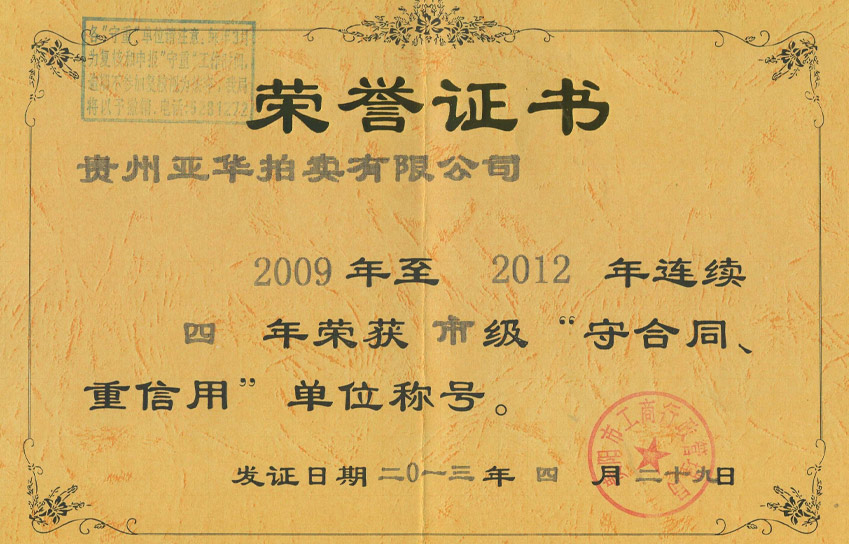 2009-2012连续四年获贵阳市市级重合同守信用单位称号 